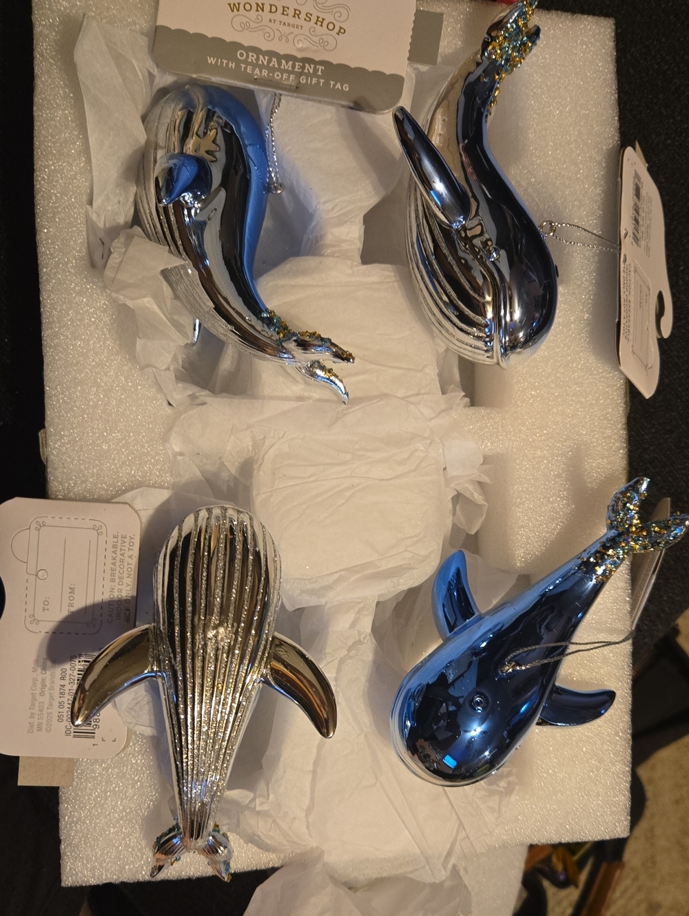 Wondershop Metallic Blue and Silver Glass Whale Ornaments - Set of 4 962